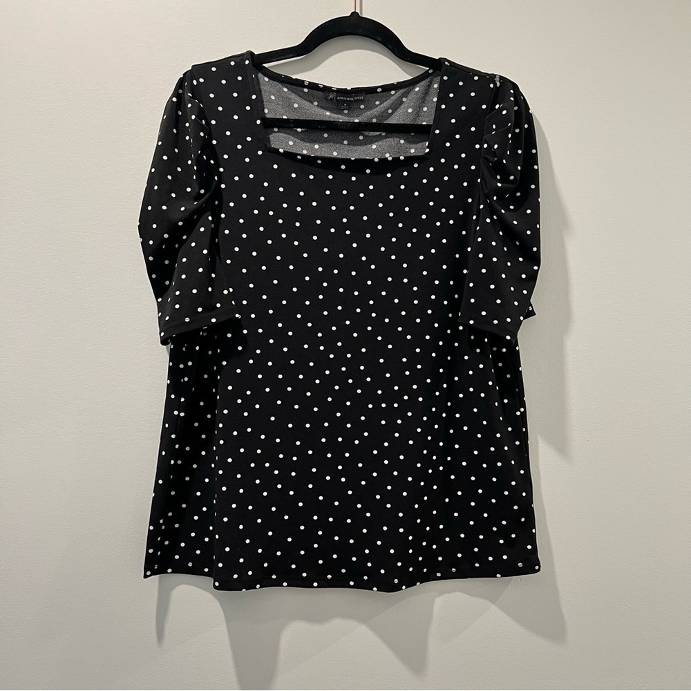 ADRIANNA PAPELL | Black Polka Dot Ruffle Sleeve Puff Sleeve Blouse Square Neck